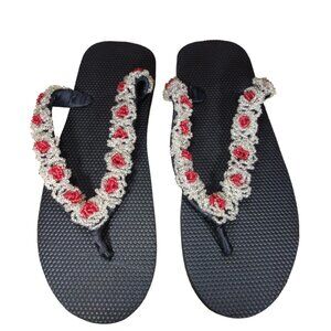 Beaded Flip Flops for Women Summer Style Sandals - (Silver, Red)